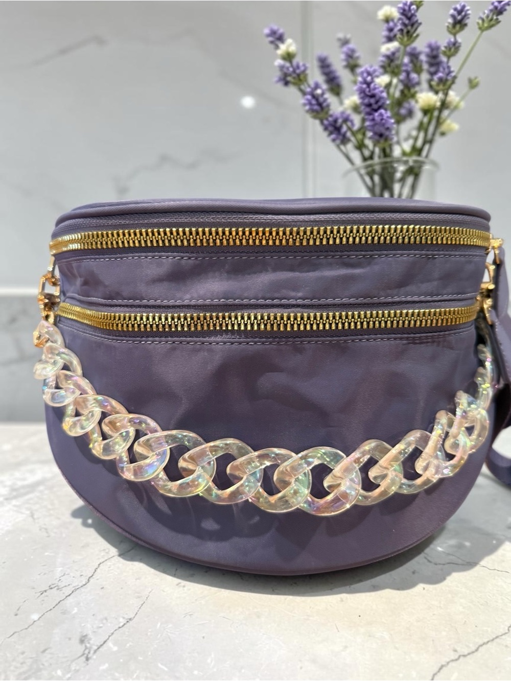 The Gold Blush Purple Nylon Bum Bag Crossbody Iridescent Chain NWT